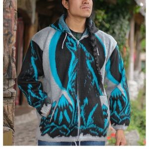 ARTESANIAS Tuntaquimba Native American Wolf Jacket Wool L Full Zip Southwestern
